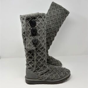 UGG Tall Lattice Cardy Knit Button Boots Fold Over Sweater Gray Womens 7 1016557